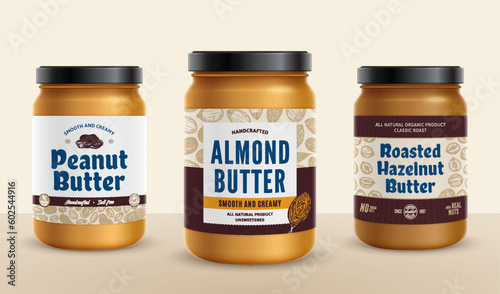 Peanut, almond and hazelnut butter jars with labels, packaging design concepts, food label design
