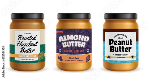 Peanut, almond and hazelnut butter jars with labels, packaging design concepts, food label design