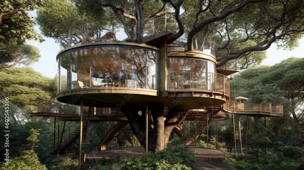 Magnificent Opulent Glass Tree Dwelling Tucked in an Ancient Noble Tree, Synergy of Mother Nature and Contemporary Sophistication in 16:9 Aspect Ratio, Generative AI Illustration Magnificent Opulent Glass Tree Dwelling Tucked in an Ancient Noble Tree, Synergy of Mother Nature and Contemporary Sophistication in 16:9 Aspect Ratio, Generative AI Illustration