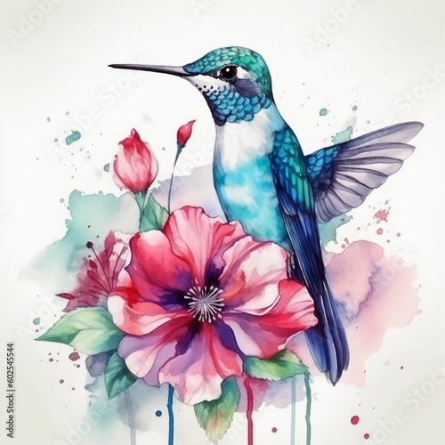 Exquisite Watercolor Illustration: Stunning Hummingbird and Beautiful Flower, Created by Generative AI