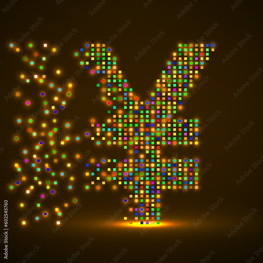 Chinese yuan of colorful pixels with an explosion. Vector illustration