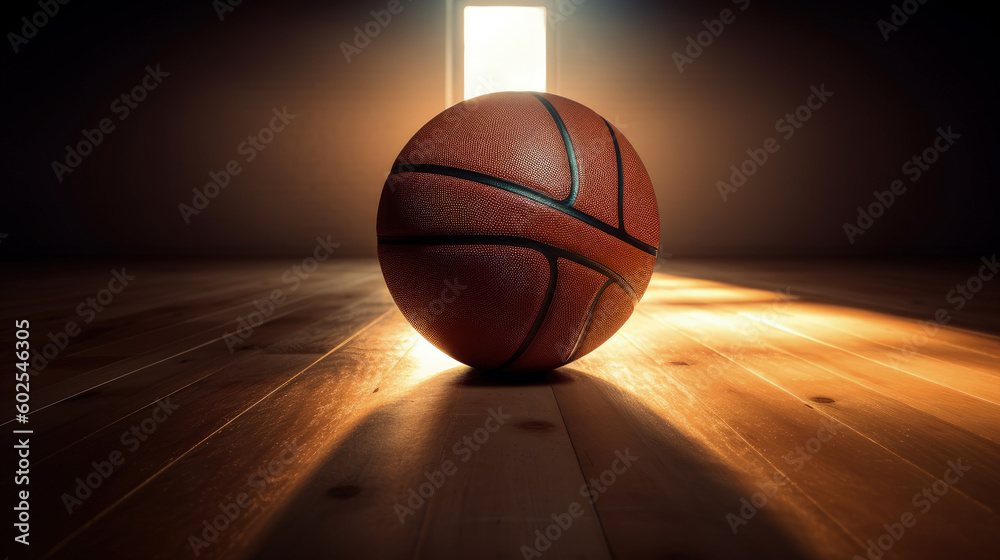 spotlight on Sport: Basketball on Hard Floor with Dramatic Light Beam - Generative AI