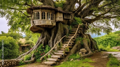 Stunning Arboreal Dwelling Tucked into an Ancient Grandiose Tree, Emblematic of Exploration and Harmony with the Natural World in 16:9 Aspect Ratio, Generative AI Illustration