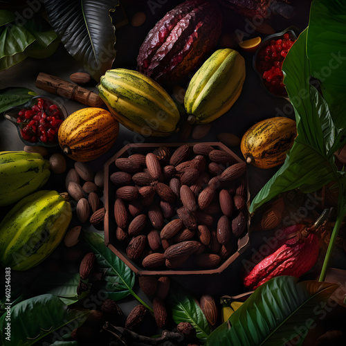 a fresh cacaopod and cacao dry seeds photo