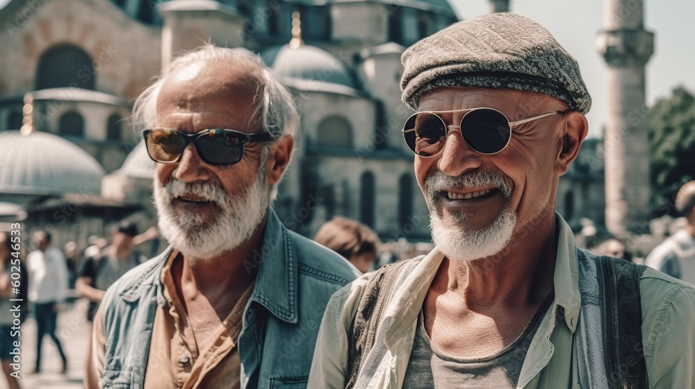 Fototapeta premium Two older men friends in his 70s, enjoying the summer vacations, in Istanbul, Turkey. Generative AI
