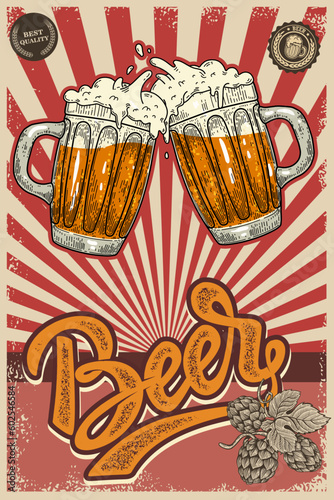 Vintage poster template with two toasting beer mugs. Vintage beer mugs. For poster, menu, banner.