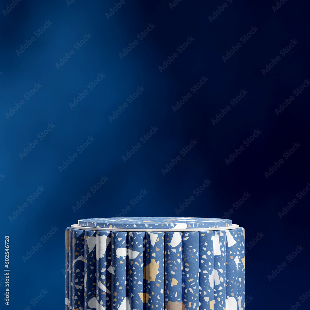 blue terrazzo textured podium in square dark blue wall background, 3d rendering blank mockup blue terrazzo textured podium in square dark blue wall background, 3d rendering blank mockup