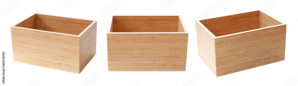 Empty rustic wooden box isolated on white. Different variants set. top
