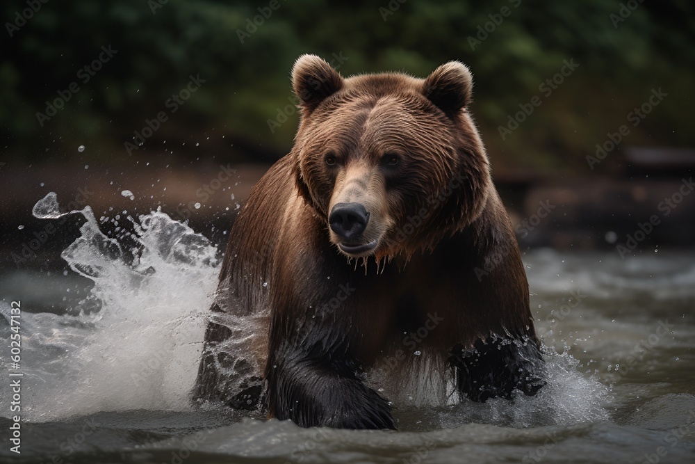 A majestic grizzly bear catching a fish in a rushing stream - Generative AI A majestic grizzly bear catching a fish in a rushing stream - Generative AI