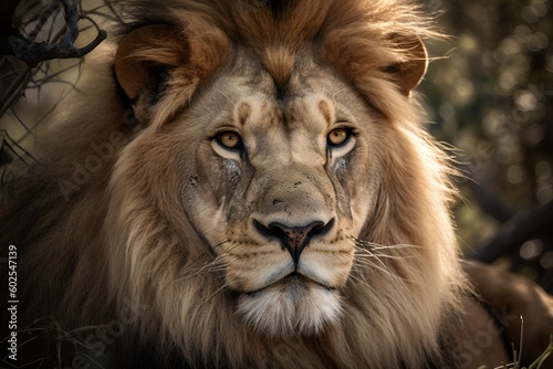 A majestic lion with a golden mane, gazing intently into the camera - Generative AI