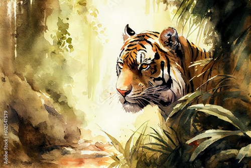 A portrait of tiger in the jungle, watercolor painting style, generative ai illustration