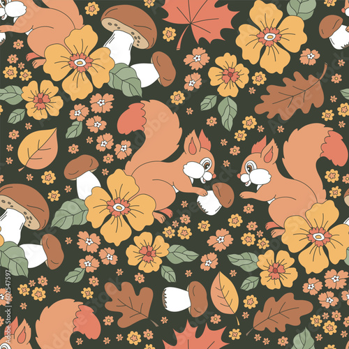 Cute cartoon squirrel character with mushroom and florals vector seamless pattern. Retro floral animalistic background. Autumn fall surface design for textile, scrapbook, card making 