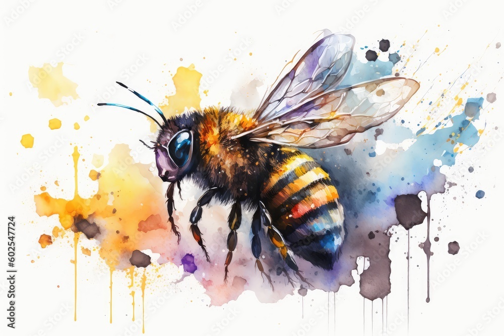 Honey bee watercolor painting hand-drawn style. distinct generative AI image. - obrazy, fototapety, plakaty 