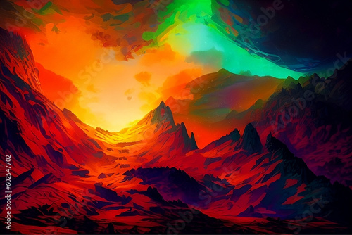 Colorful sky over landscape mountains illustration background. AI generated image © Vecture