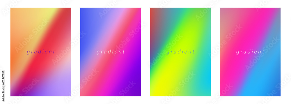 Set of futuristic abstract backgrounds with bright dynamic gradients. Color borderlines. Blurred cover templates with vibrant fluid colors for creative graphic design. Vector illustration.