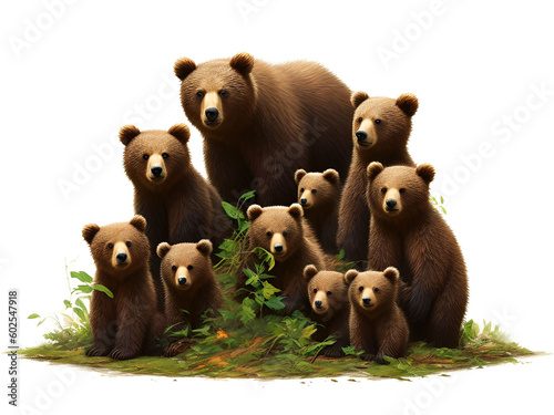 Group of bear family on white background. Generative AI