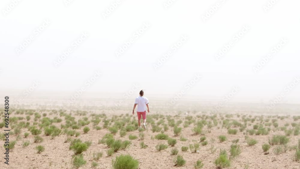 Young man goes through desert overgrown with camel thorns in sandstorm. Back view. Danger concept. Slow motion. Young man goes through desert overgrown with camel thorns in sandstorm. Back view. Danger concept. Slow motion.
