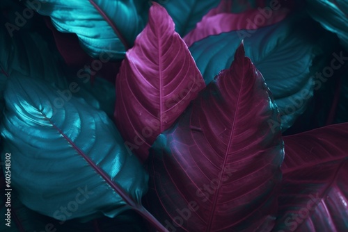 purple jungle art neon night background exotic plant party leaf tropical. Generative AI.