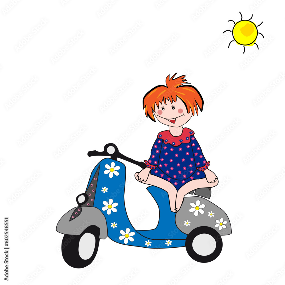 Niña feliz sentada en una moto Vespa. Niña feliz sentada en una moto Vespa.