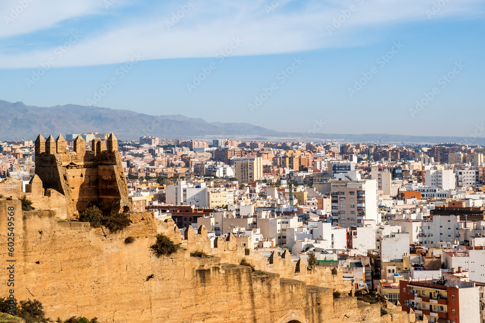 .Amazing view of historical building, Muslim Almeria (Almeria musulmana, San Cristobal statu, Rey Jayran), set for famous movies like James Bond, Conan the Barbarian, almeria, andalusia, Spain
