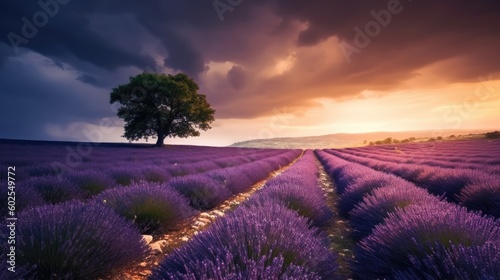 Dreamlike Scenery of Precipitation Draping Lavender Meadows  Mystical Fog  Tranquil Ambiance  Delicate Lighting in Shades of Purple and Indigo  16 9 Aspect Ratio  Generative AI Illustration