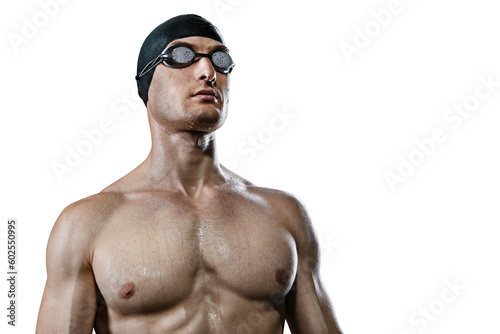 Young athletic swimmer, on the transparent background. 