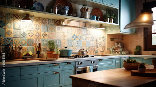 Cozy Indoor Kitchen: Floral Mosaic Backsplash with Pastel Tiles