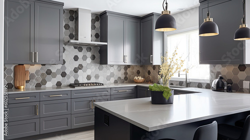 Modern Monochromatic Backsplash: Gray Hexagonal Tiles for Contemporary Kitchen