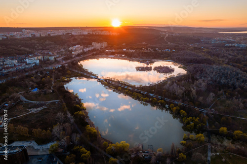 Fototapeta Naklejka Na Ścianę i Meble -  Aerial drone view of Chisinau at sunset, Moldova