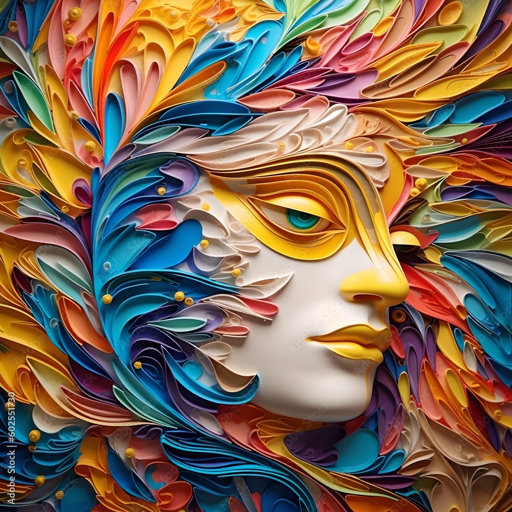 Feminine face integrated into the artistic background of colorful paper leaves and shapes. Generative AI.