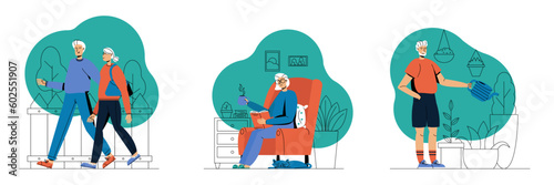 Grandparents walking outside, reading book at home, watering flowers vector set