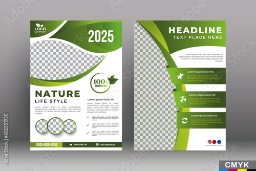 Green eco flyer, poster, brochure, magazine, annual report, booklet, cover banner template. Modern green leaf, environment design. Size A4 CMYK Vector illustration