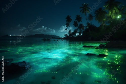 night blue paradise luminous ocean tree beach vacation palm tropical sky. Generative AI.