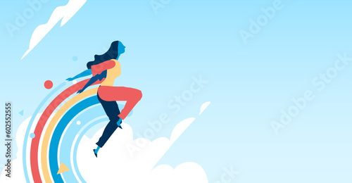 Ragazze che saltano in cielo libere tenendosi per mano verso il loro futuro. Dietro di se lasciano una scia di arcobaleno. photo