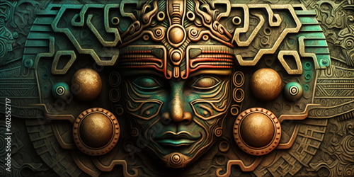 metallic fantasy portrait, mayan relief ornament, symmetrical alien wall design, generative ai photo