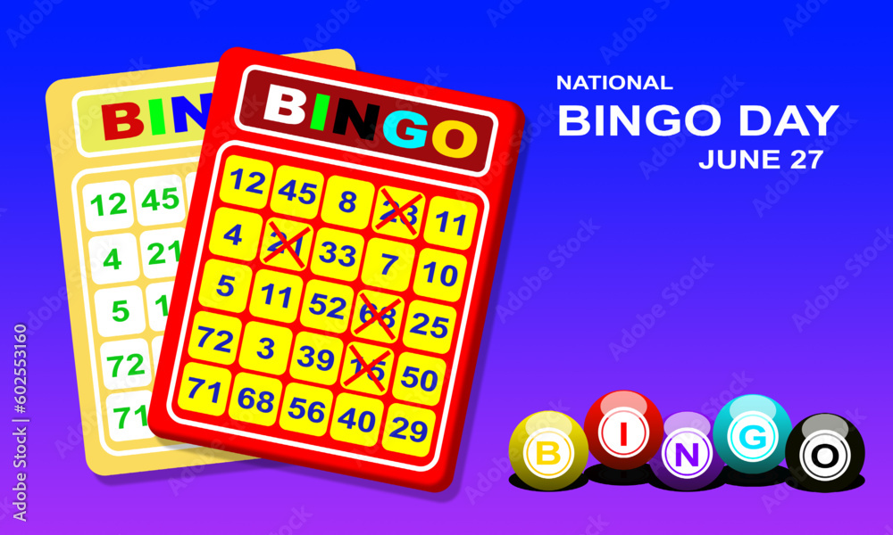 2 red and yellow bingo boards and colorful balls that say BINGO and
