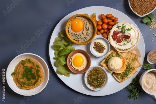 Arabic traditional breakfast with hummus, foul, mutabbal, qudsia and zaatar - generative ai