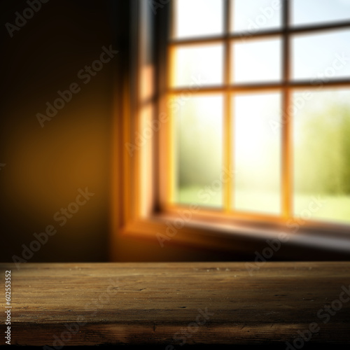 Desk of free space and blurred background of window. 