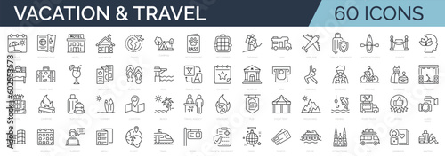 Set of 60 line icons related to vacation, recreation, leisure, travel, entertainment. Outline icon collection. Editable stroke. Vector illustration