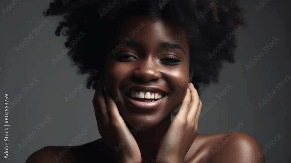 A radiant young afro woman poses with confidence and grace in the studio. Generative AI A radiant young afro woman poses with confidence and grace in the studio. Generative AI