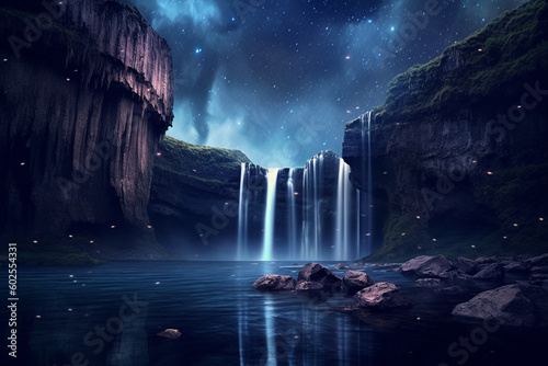 A majestic waterfall with a starry night sky and a crescent moon in the background. Generative AI technology