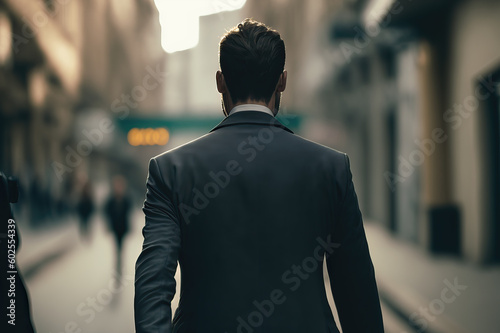 backside of man walking in the street, ai generated