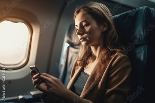 Adult woman sitting in an airplane. Generative AI © Marcela Ruty Romero