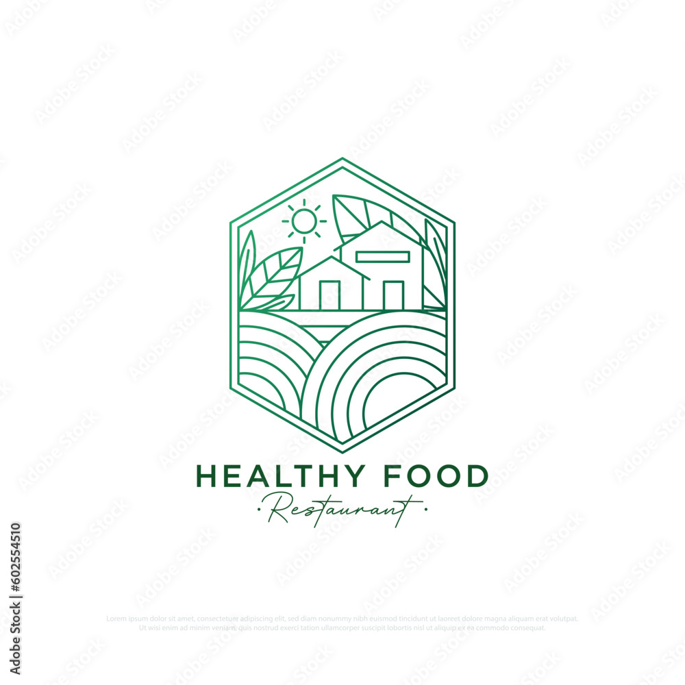 Organic Food Restaurant logo design with line art style , a restaurant with a rural concept that provides traditional organic food and drinks line art vector illustration - obrazy, fototapety, plakaty 