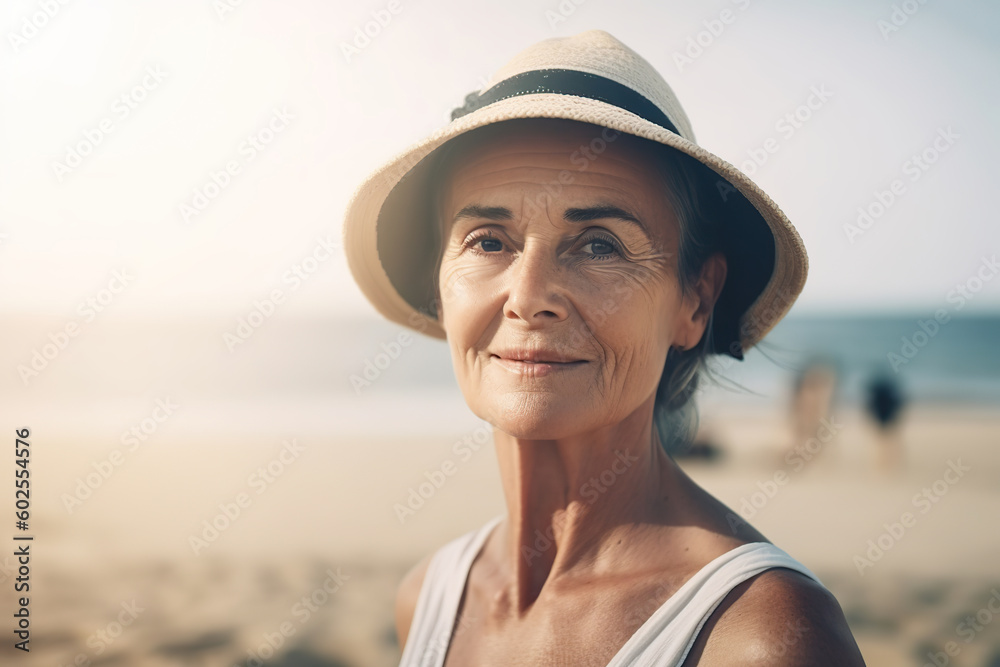 Smiling woman in her 60s strolling on the beach. Generative AI