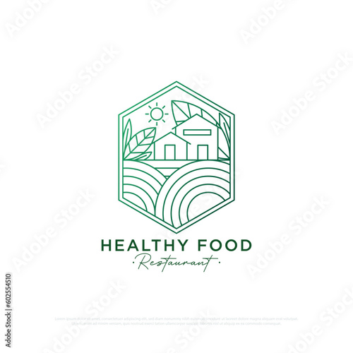 Organic Food Restaurant logo design with line art style , a restaurant with a rural concept that provides traditional organic food and drinks line art vector illustration