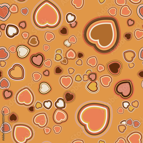 Vector seamless pattern in retro groovy style. Hearts in warm brown colors perfect for scrapbooking, textile, wrapping paper and stationery for kids and adults.