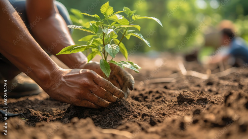 Fototapeta premium Person is planting trees or working in a community garden to promote local food production and habitat restoration. Generative AI
