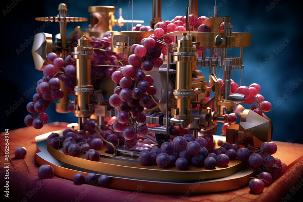 A wine press extracting juice from grapes, showcasing the mechanical