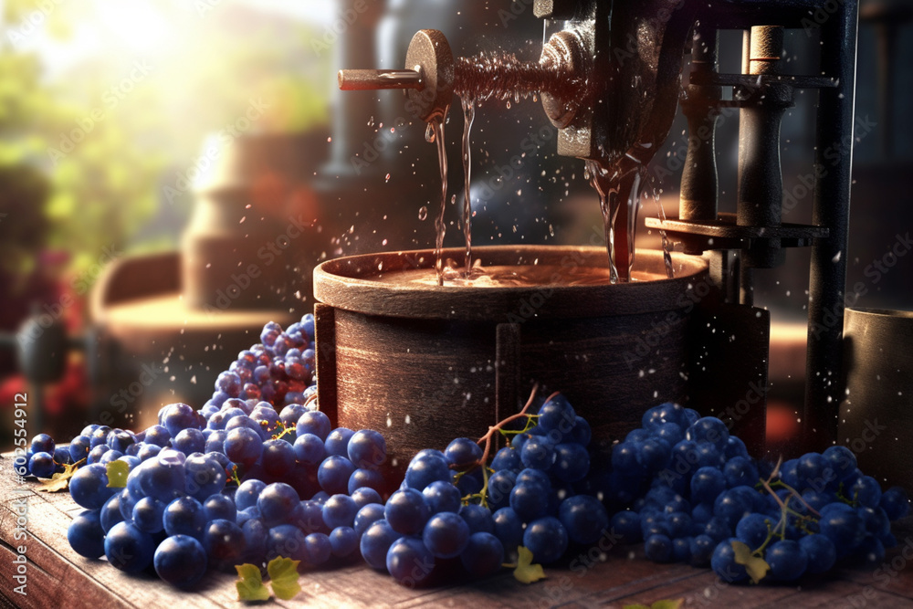 A wine press extracting juice from grapes, showcasing the mechanical